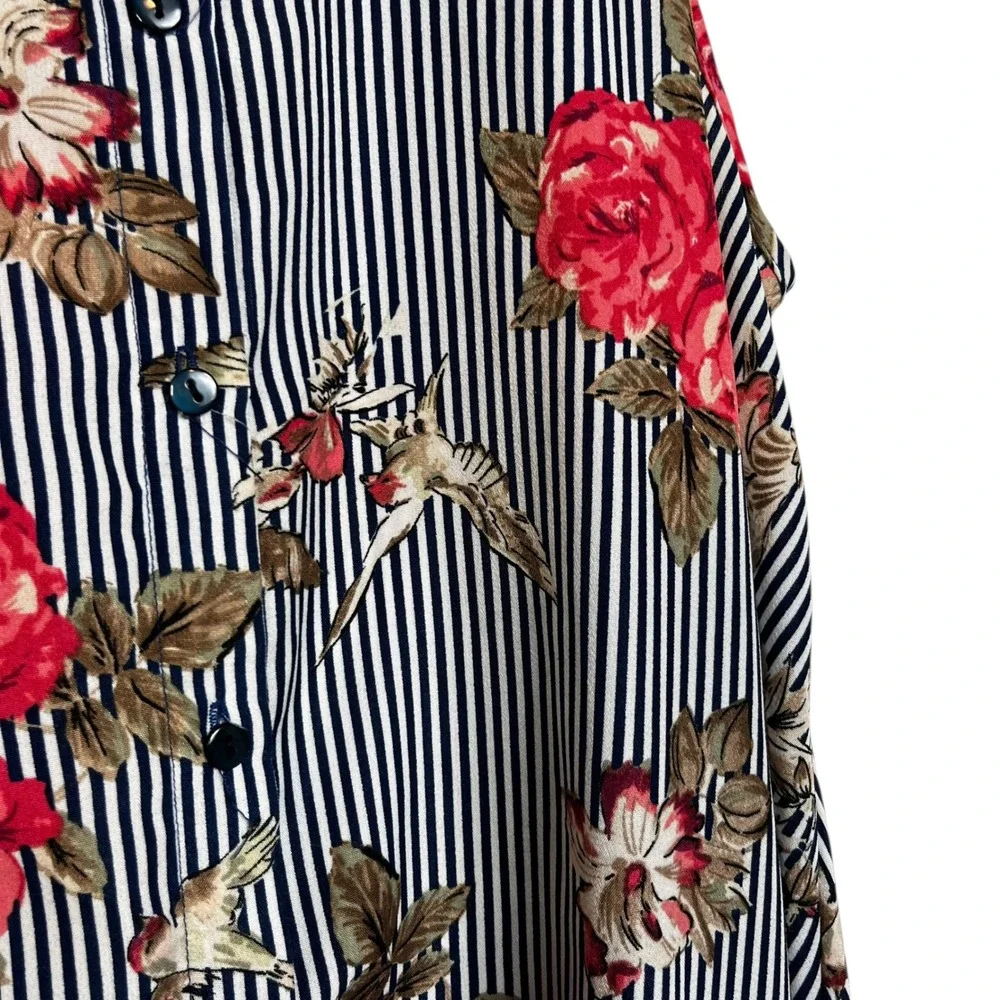 Navy‎ Striped Floral Bird Print Sleeveless Midi Dress  Red Roses Size L